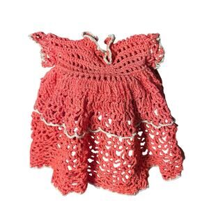 Vtg Doll Dress, Crochet Coral Light Mint Green Trim, Fits most 10-14 inch dolls